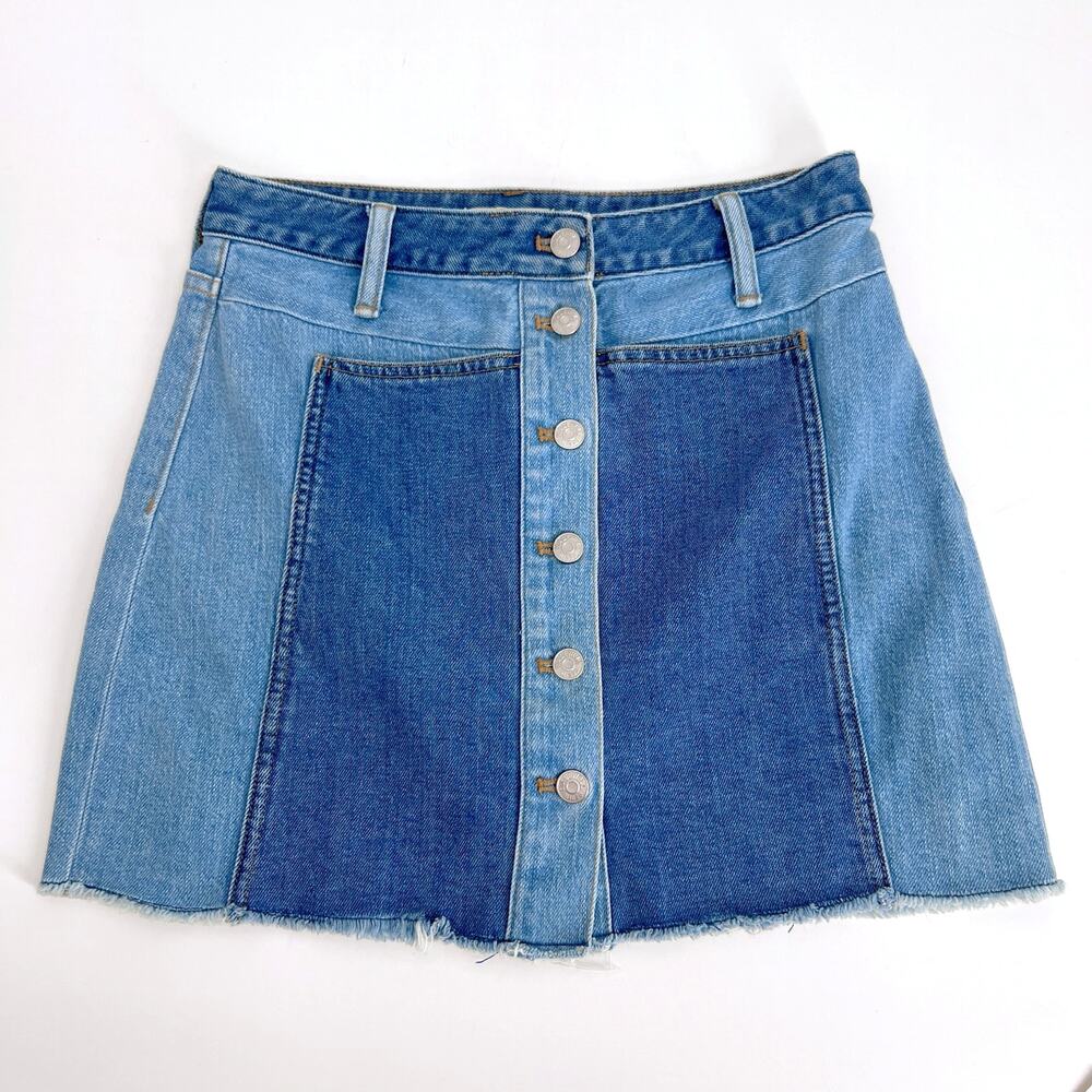 Madewell x Isko Denim Patchwork Jean Skirt Sz 27 Blue Denim Button Mini Frayed